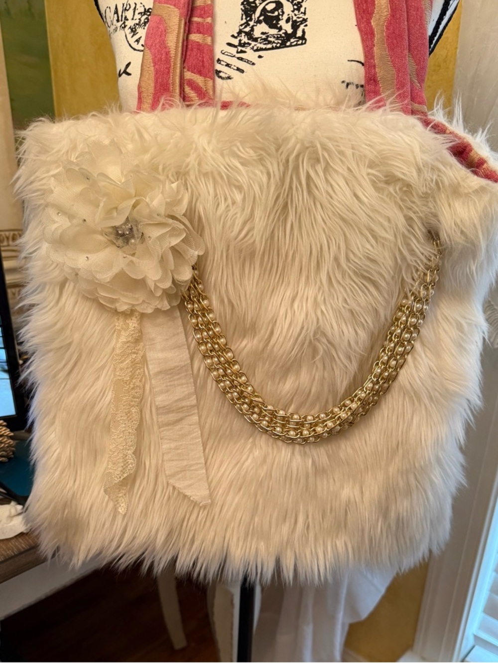 Cream Faux Fur Tote with Gold Chain & Floral Accent